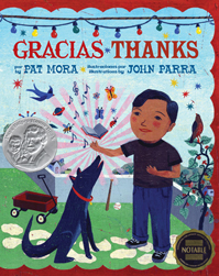 Gracias Thanks by Par Mora illustrated by John Parra a Latino boy and his dog stand on a grassy lawn