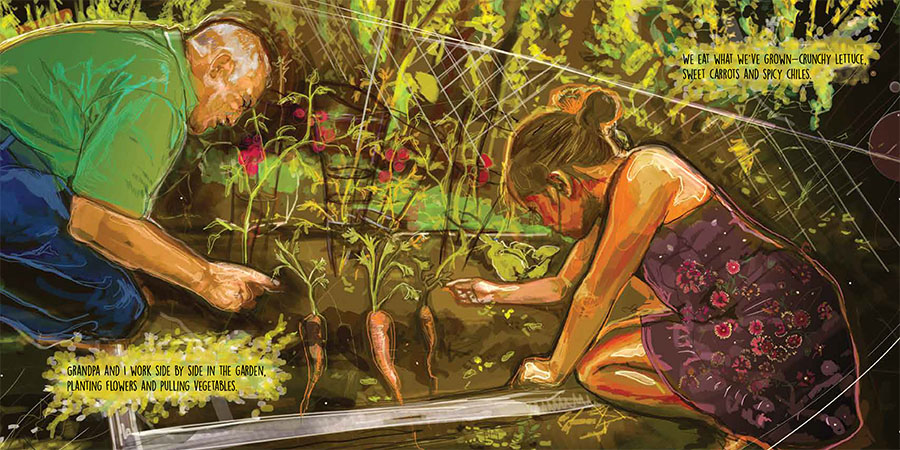 Excerpt from the book. Features a child and their grandfather working in a garden, examining some carrots. The text reads: "Grandpa and I work side by side in the garden, planting flowers and pulling vegetables."