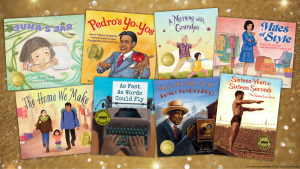 Glittering gold background. At the forefront are the following book covers of previous New Voices Award winners: Juna's Jar; Pedro's Yo-Yos; A Morning With Grandpa; Miles of Style; The Home We Make; As Fast As Words Could Fly; Take a Picture of Me, James VanDerZee!; and Sixteen Years in Sixteen Seconds. All cover art copyright © 2025 Lee & Low Books.