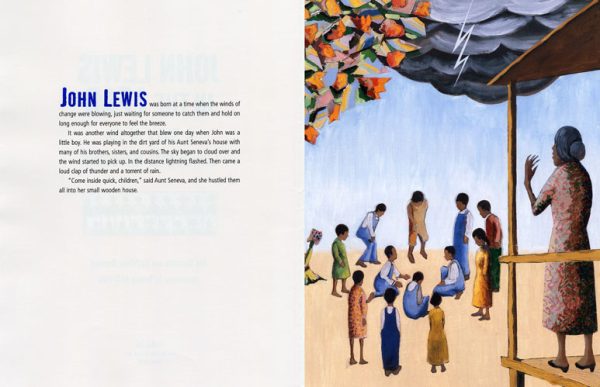 Interior spread #1 for John Lewis in the Lead by Jim Haskins; Kathleen Benson and Benny Andrews