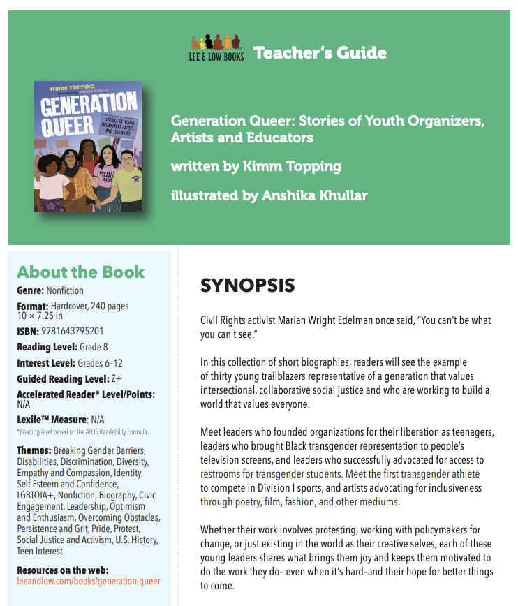 Screenshot of the first page of the Generation Queer teacher's guide.
