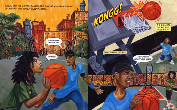 Interior spread #1 for Around the World by John Coy and Antonio Reonegro; Tom Lynch