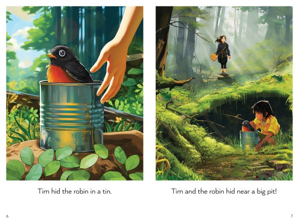 Interior spread #3 for Tim and Robin (Drumbeat Decodables #5) by Sandra Samatte and Julian Grafenauer