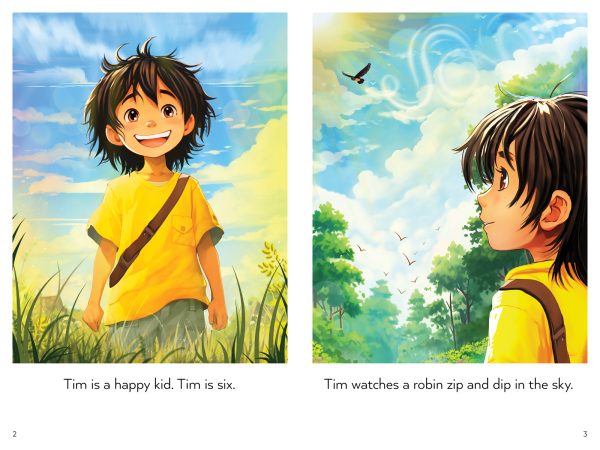 Interior spread #1 for Tim and Robin (Drumbeat Decodables #5) by Sandra Samatte and Julian Grafenauer