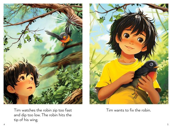 Interior spread #2 for Tim and Robin (Drumbeat Decodables #5) by Sandra Samatte and Julian Grafenauer