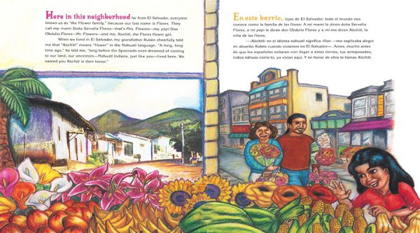 Interior spread #1 for Xochitl and the Flowers / Xóchitl, la Niña de las Flores by Jorge Argueta and Carl Angel