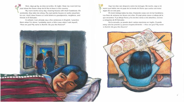 Interior spread #3 for Xochitl and the Flowers / Xóchitl, la Niña de las Flores by Jorge Argueta and Carl Angel
