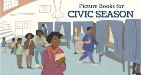 Picture Books for Civic Season. An illustration depicts people going in and out of voting booths in a school gym. A young Stacey Abrams looks on. Illustration copyright © 2022 by Monica Mikai.