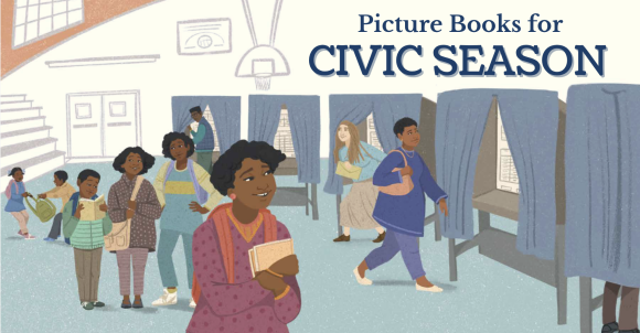 Picture Books for Civic Season. An illustration depicts people going in and out of voting booths in a school gym. A young Stacey Abrams looks on. Illustration copyright © 2022 by Monica Mikai.