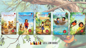 Image contains the covers for the Drumbeat Decodable Book collection, which include Duck and Cub; Grandfather Rock; Jan at Camp; Rhett and Jett; and Tim and Robin.