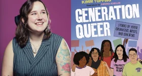 Kimm Topping headshot next to the Generation Queer book cover