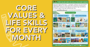 Graphic with yellow background and screenshot of the Core Values & Life Skills for Every Month resource