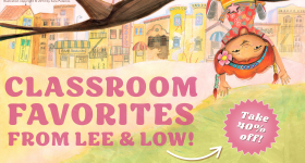 Background is an illustration of the main character Marisol from Marisol McDonald Doesn't Match / Marisol McDonald no combina. She hangs upside down from a tree branch with a green field and town in the background. Text reads, "Classroom Favorites from Lee & Low! Take 40% off!" Illustration copyright © 2013 by Sara Palacios.