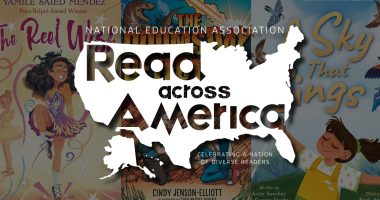 In the background are three book covers that are slightly faded: The Reel Wish by Yamile Saied Méndez; The Doomsday Detectives by Cindy Jenson-Elliott, illustrated by Theo Nicole Lorenz; and A Sky That Sings by Anita Sanchez and George Steele, illustrated by Emily Mendoza. At the forefront is the National Education Association's Read Across America logo, which includes text that says, "Celebrating a nation of diverse readers."
