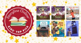 Gold stars in the background. On the left is a red seal with the Storyline Online logo, a stack of books, and text at the bottom that reads, "Kids' Top Pick." To the right of the seal are the book covers for Zombies Don't Eat Veggies; ¡Los Zombis no comen verduras; The Hula-Hoopin' Queen; As Fast As Words Could Fly; Rent Party Jazz; and Catching the Moon.