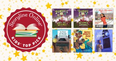 Gold stars in the background. On the left is a red seal with the Storyline Online logo, a stack of books, and text at the bottom that reads, "Kids' Top Pick." To the right of the seal are the book covers for Zombies Don't Eat Veggies; ¡Los Zombis no comen verduras; The Hula-Hoopin' Queen; As Fast As Words Could Fly; Rent Party Jazz; and Catching the Moon.
