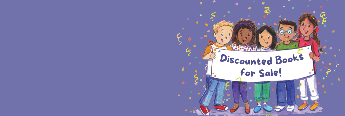 Purple background. On the right is an illustration of the main characters from the Confetti Kids series, holding up a banner and surrounded by colorful confetti. Their banner says, “Discounted Books for Sale!”