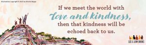 Background is an illustration from The Echo People by SD Youngwolf, illustrated by Shonto Begay. The illustrations depict Grandfather, Aiyanna, and Little Wolf standing on a cliff face, each of them with one arm stretched out towards the sky. Text reads, “If we meet the world with love and kindness, then that kindness will be echoed back to us.” Lee & Low Books logo. Illustrations copyright © 2025 by Shonto Begay. 