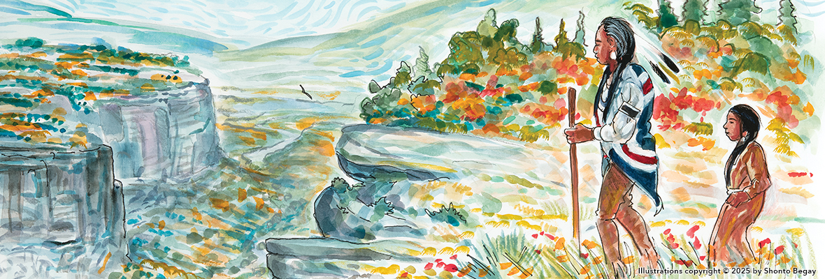 Background is an illustration from The Echo People by SD Youngwolf, illustrated by Shonto Begay. The illustration depicts a wide, colorful, and natural landscape. On the right side of the landscape is Grandfather, with young Aiyanna walking behind him.