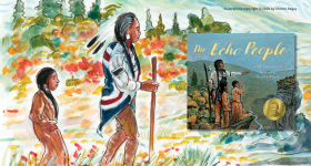 Background is an illustration from The Echo People by SD Youngwolf, illustrated by Shonto Begay. The illustration depicts a colorful, natural landscape. On the left is Grandfather, with young Aiyanna walking behind him. On the right is the book cover for the aforementioned title. Illustrations copyright © 2025 by Shonto Begay.