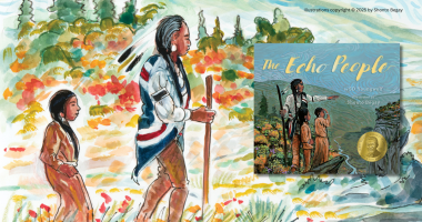 Background is an illustration from The Echo People by SD Youngwolf, illustrated by Shonto Begay. The illustration depicts a colorful, natural landscape. On the left is Grandfather, with young Aiyanna walking behind him. On the right is the book cover for the aforementioned title. Illustrations copyright © 2025 by Shonto Begay.