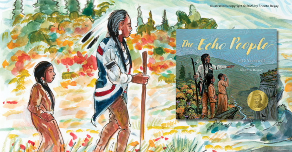 Background is an illustration from The Echo People by SD Youngwolf, illustrated by Shonto Begay. The illustration depicts a colorful, natural landscape. On the left is Grandfather, with young Aiyanna walking behind him. On the right is the book cover for the aforementioned title. Illustrations copyright © 2025 by Shonto Begay.